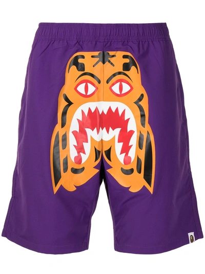 A Bathing Ape Tiger Print Elasticated Shorts In Purple