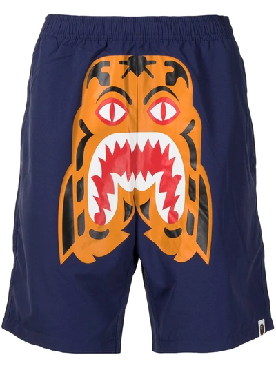 A Bathing Ape Tiger Print Elasticated Shorts In Blue