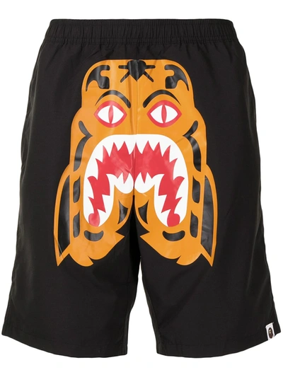 A Bathing Ape Tiger Print Elasticated Shorts In Black