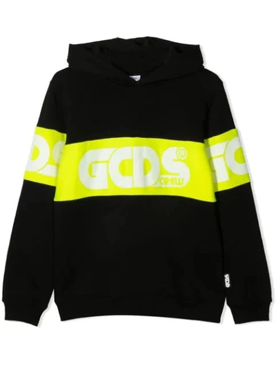 Gcds Mini Kids' Colour-block Cotton Hoodie In Nero