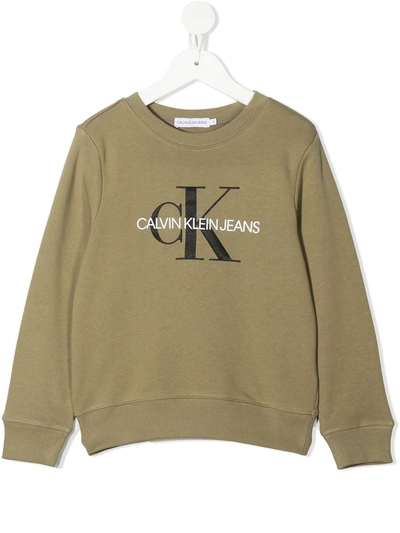 Calvin Klein Kids' Logo-print Round Neck Sweatshirt In Green