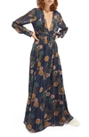 SCOTCH & SODA METALLIC FLORAL JACQUARD PLUNGE NECK LONG SLEEVE GOWN,8719029183657