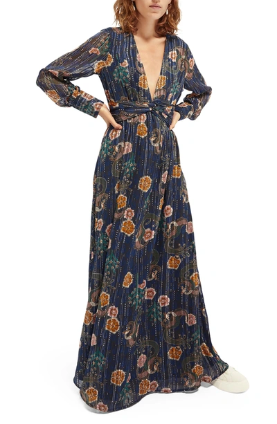 Scotch & Soda Metallic Floral Jacquard Plunge Neck Long Sleeve Gown In Combo A