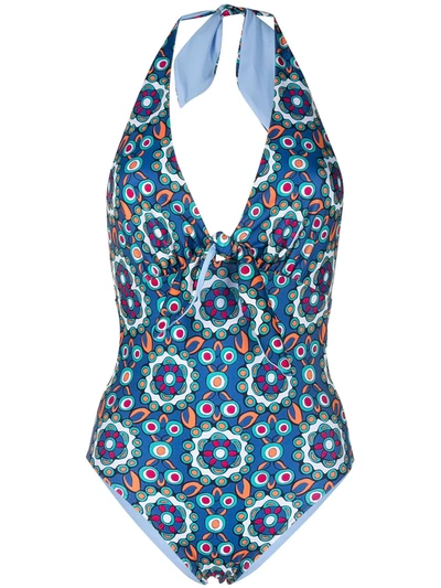 La Doublej Paisley Halter-neck Swimsuit In Blue