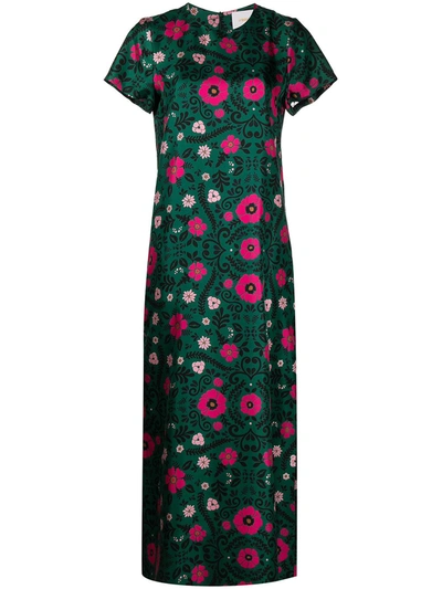 La Doublej Floral Midi Silk Dress In Green