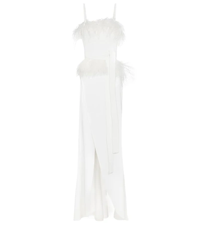 Elie Saab Crepe Dress W/ Feathers & Front Slit In White