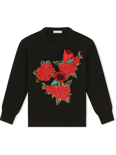 Dolce & Gabbana Kids' Flower Applique Wool Knit Sweater Black