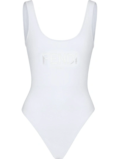 Fendi Crochet-trim Logo Swimsuit In White