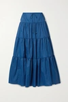 Staud Lucca Tiered Recycled Shell Maxi Skirt In Blue