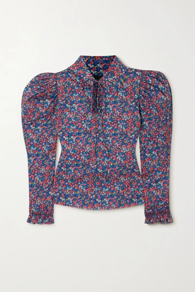 Horror Vacui Coco Ruffled Floral-print Cotton Blouse In Blue