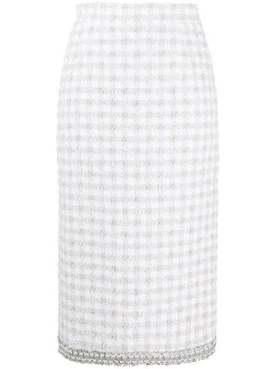 Thom Browne Checked Tweed Pencil Skirt In White