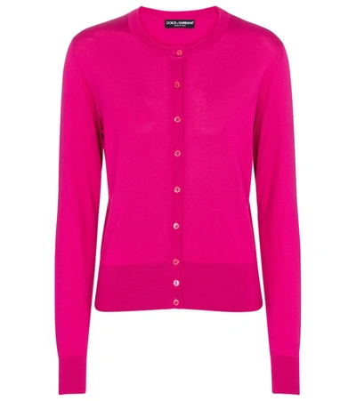 Dolce & Gabbana Button Front Silk Crewneck Cardigan In Fuchsia