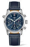 Longines Spirit Automatic Chronograph Leather Strap Watch, 42mm In Sunray Blue