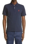 Ami Alexandre Mattiussi Ami Ami De Coeur Embroidered Polo Shirt In Navy