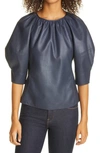 REBECCA TAYLOR FAUX LEATHER PUFF SLEEVE BLOUSE,620438B560