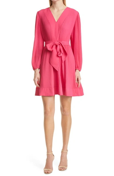 Milly Liv Pleated Long Sleeve Fit & Flare Dress In  Pink
