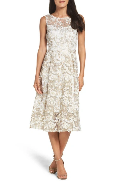 Adrianna Papell Floral-appliques Midi Dress In Ivory/ Gold