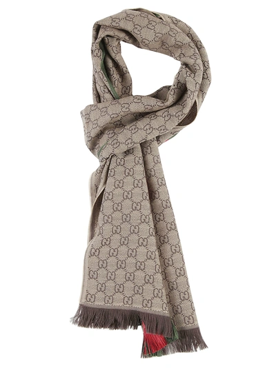 Gucci Logo Motif Fringed Scarf In Light Brown/green