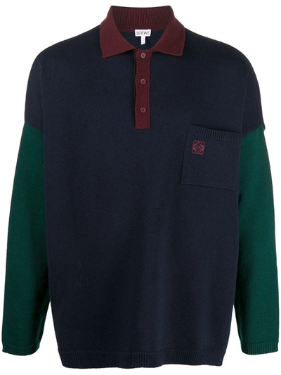 Loewe Logo-embroidered Colour-block Wool Polo Shirt In Blue