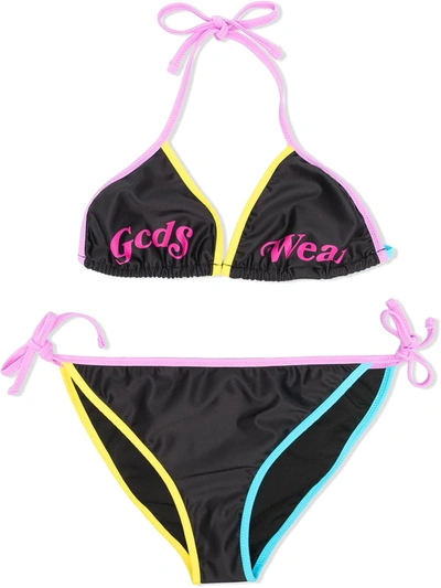 Gcds Kids' Logo-print Contrast-trim Bikini Set In Black