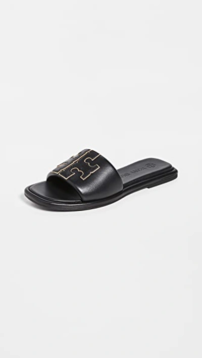 Tory Burch Double T Sport Slides In Black  