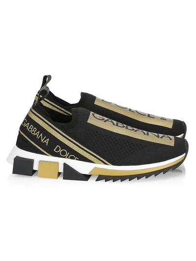 Dolce Gabbana Sorrento Logo Slip-on Knit Sneakers In Black Gold