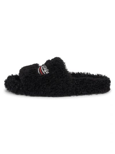 Balenciaga Campaign-logo Faux-shearling Slides In Black White