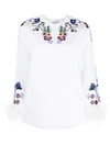 VALENTINO EMBROIDERED-DESIGN FEATHER-TRIM TOP
