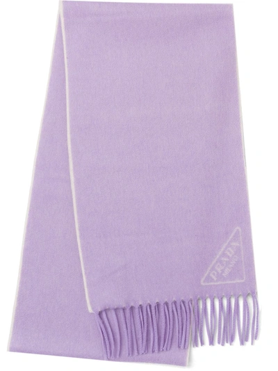 Prada Triangle Logo Cashmere Fringe Scarf In Lilium/talc