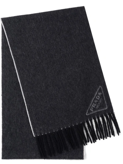 Prada Triangle Logo Cashmere Fringe Scarf In F0n12 Nero Talco