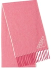 Prada Triangle Logo Cashmere Fringe Scarf In Pink/white