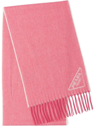 Prada Triangle Logo Cashmere Fringe Scarf In Pink/white