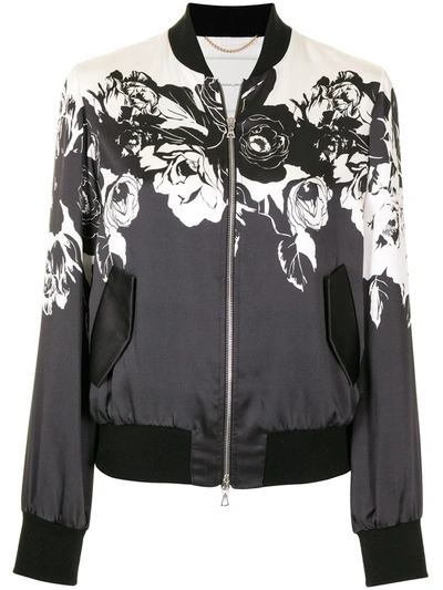 Adam Lippes Floral Charmeuse Bomber Jacket In Black