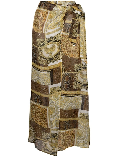 Versace Baroque Patchwork Asymmetric Midi Skirt In Brown