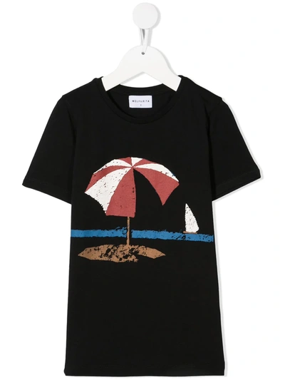 Wolf & Rita Kids' Beach Print Organic Cotton T-shirt In Black