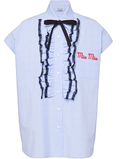 Miu Miu Logo-embroidered Ruffle Shirt In Light Blue