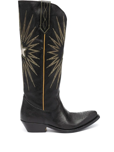 Golden Goose Wish Star Embroidered Textured-leather Knee Boots In Black