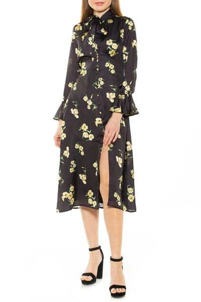 Alexia Admor Gemma Bow Tie Button Down Floral Print Midi Dress In Yellow