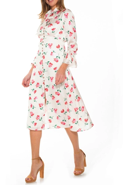 Alexia Admor Gemma Bow Tie Button Down Floral Print Midi Dress In Ivory Floral