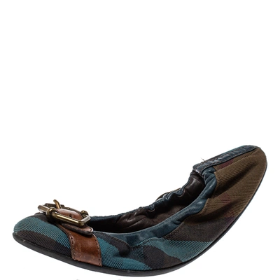 Pre-owned Burberry Multicolor Check Canvas And Leather Buckle Scrunch Ballet Flats Size 36.5