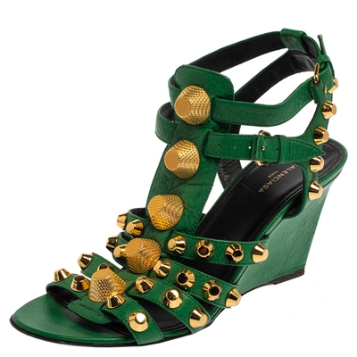 Pre-owned Balenciaga Green Leather Arena Studded Gladiator Wedge Sandals Size 36