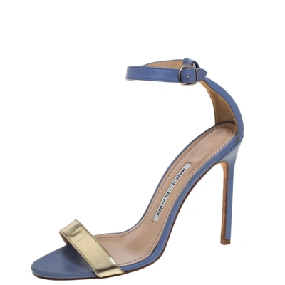 Pre-owned Manolo Blahnik Blue/gold Leather Ankle Strap Sandals Size 37