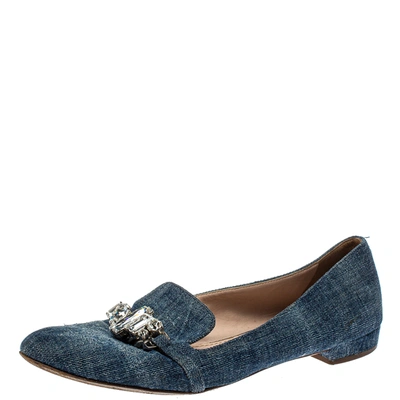 Pre-owned Miu Miu Blue Denim Crystal Embellished Smoking Slippers Size 40