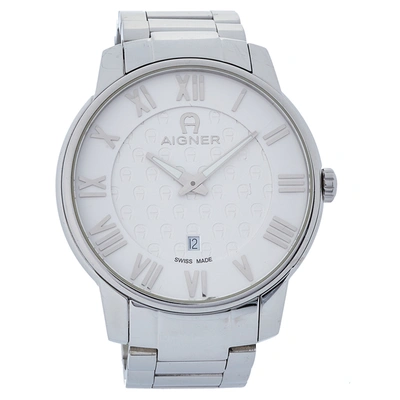 Pre-owned Aigner White Stainless Steel Padua A24000 Men's Wristwatch 42 Mm