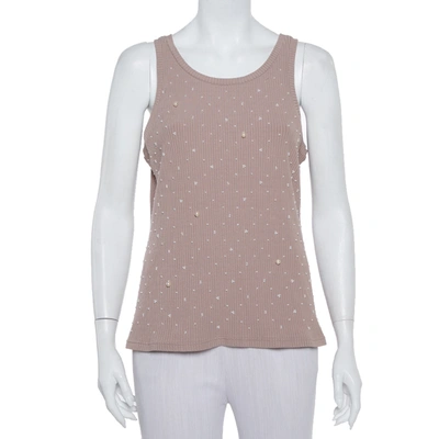 Pre-owned Chanel Nude Pink Rib Knit Pearl Embellished Tank Top Xl