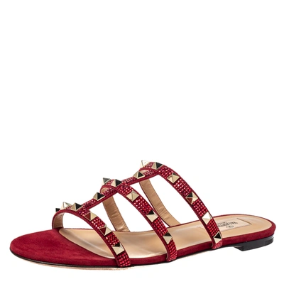 Pre-owned Valentino Garavani Scarlet Red Suede Crystal Embellished Rockstud Flat Slide Sandals Size 41