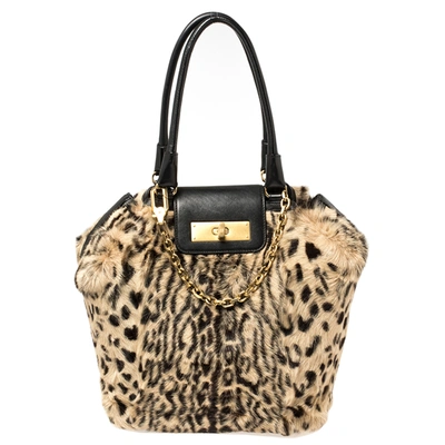 Pre-owned Escada Black/beige Tiger Print Faux Fur And Leather Turnlock Flap Tote