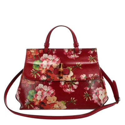 Pre-owned Gucci Red Leather Blooms Bamboo Daily Satchel Bag In Multicolor