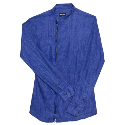 Pre-owned Giorgio Armani Blue Linen Stand Collar Zipper Front Shirt S