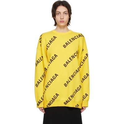 Balenciaga Logo Intarsia Oversize Crewneck Sweater In Yellow Black